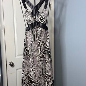 Jessica McClintock Black and White Zebra Print Satin-Trim Maxi Dress